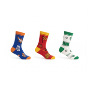 Game Set Match Sports Crew Socks (Pack of 3). Three pairs of socks with different designs (Cricket sock, football sock, pickleball sock) on a white background. Feetishh Socks. quirky cotton socks