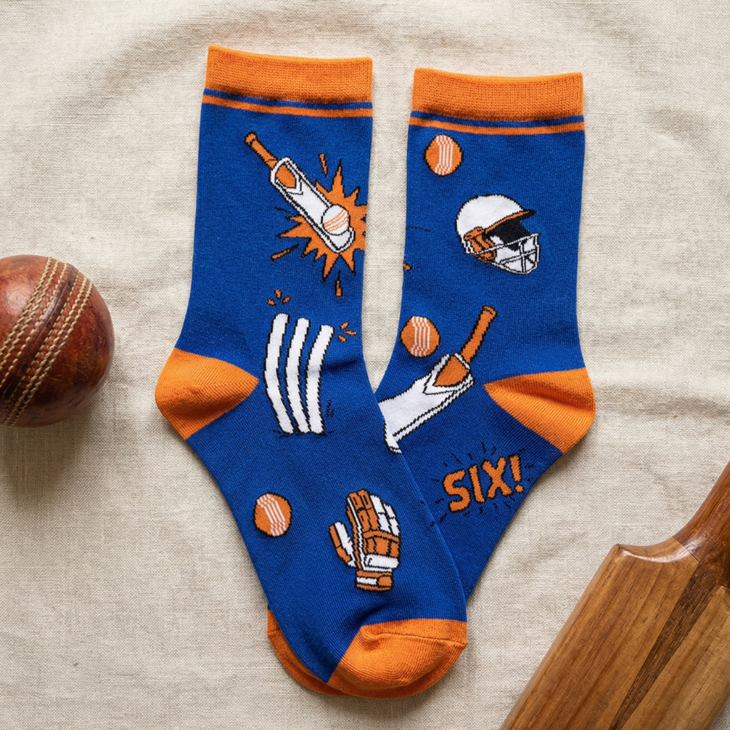 Game Set Match Sports Crew Socks (Pack of 3). Socks with cricket-themed design. Inspired by the Indian Cricket Team jersey colours. Feetishh. Funky cotton socks