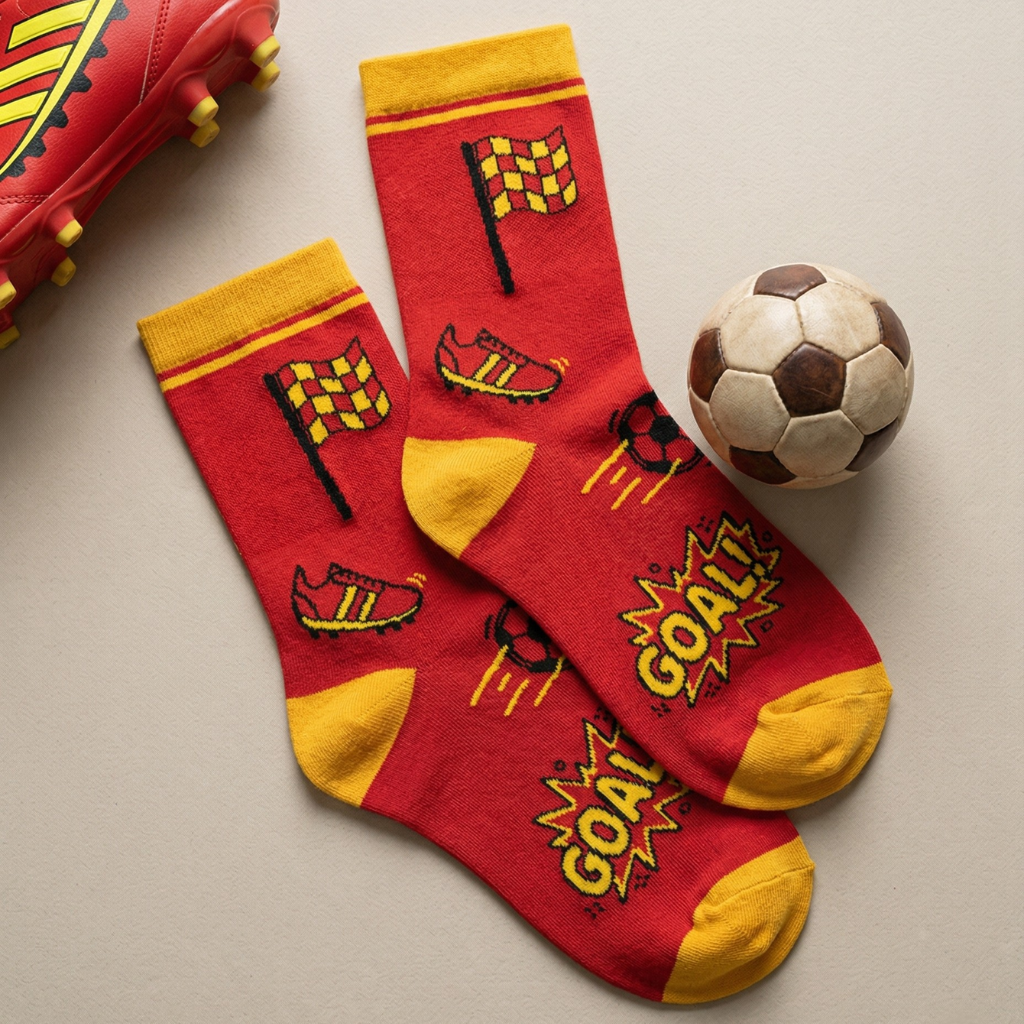 Game Set Match Sports Crew Socks (Pack of 3). Red socks with yellow accents and football-themed design, next to a soccer ball on a beige surface. Sock colours inspired by Manchester United FC's colours. Feetishh Socks. Unisex socks india