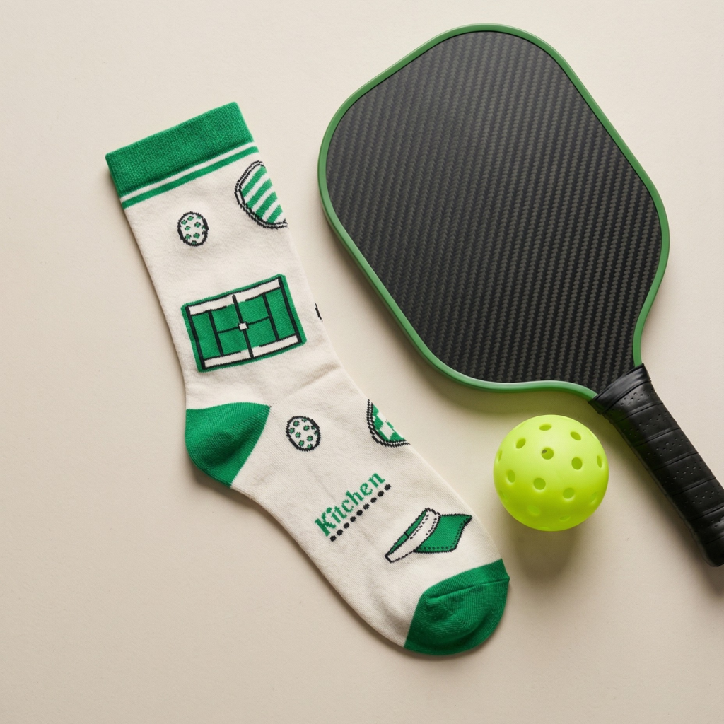 Game Set Match Sports Crew Socks (Pack of 3). Pickleball paddle, green and white sock with pickleball court design, and yellow ball on beige background. Pickleball Socks. Feetishh. Themed socks