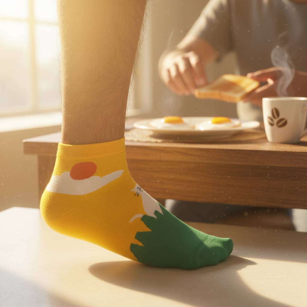 The Wake Sock Ankle Sock. Person wearing yellow and green socks with a breakfast scene in the background. Feetishh. anti-odour funk socks india