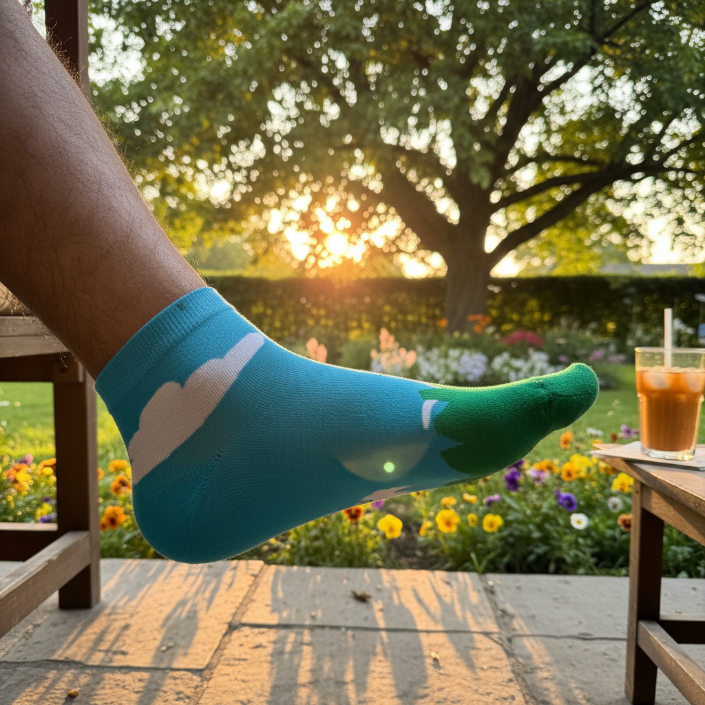 The Lounge Sock Ankle Sock. Person wearing blue socks with cloud design in a garden setting during sunset. Feetishh. themed socks india