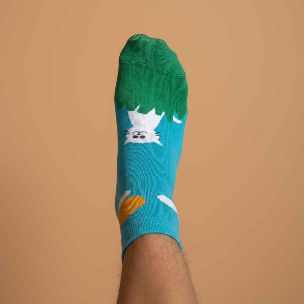 The Lounge Sock Ankle Sock. Green and blue sock with a cats design on a brown background. Feetishh Socks. unisex socks india