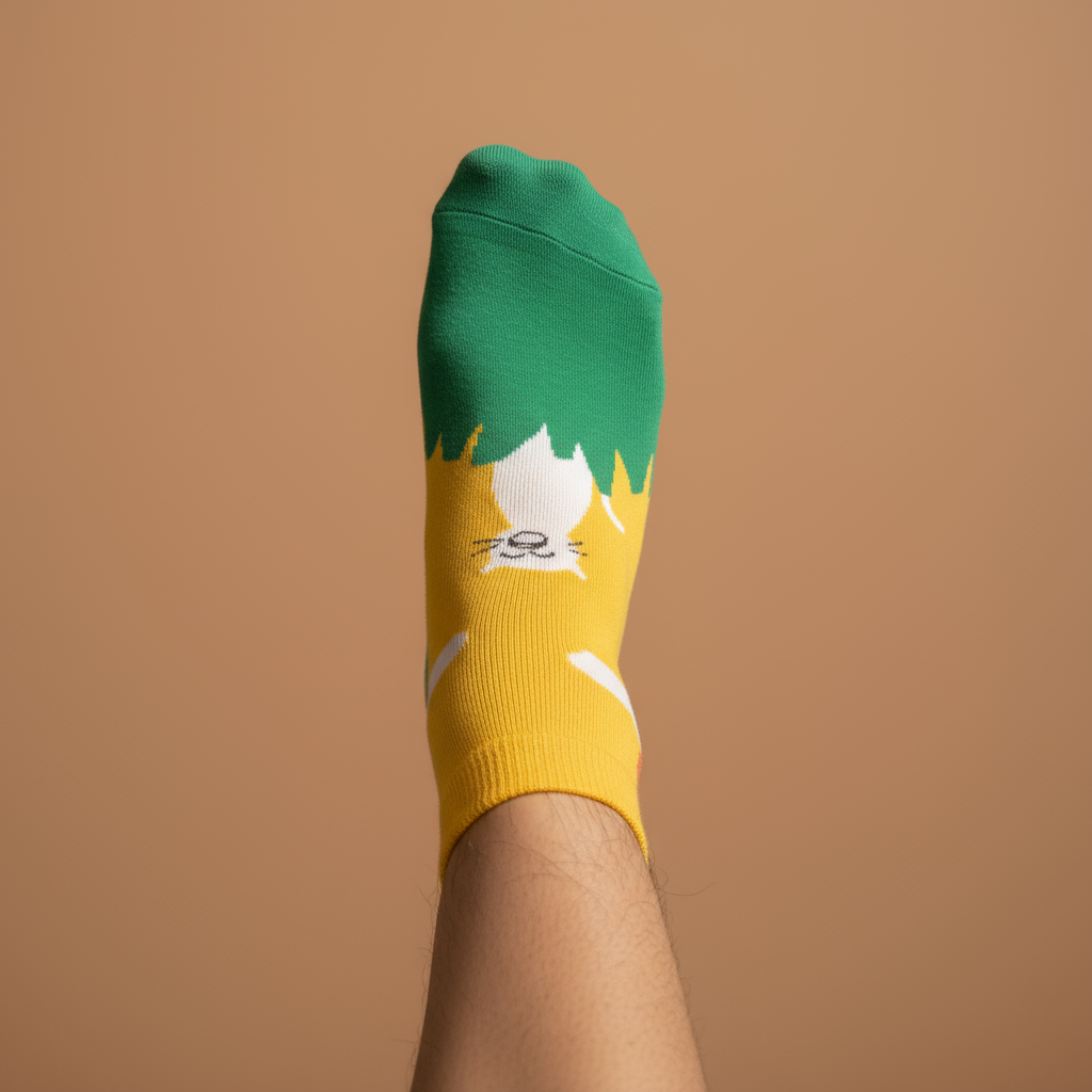 The Wake Sock Ankle Sock. Green and yellow sock with a cat design on a brown background. Feetishh Socks. anti microbial socks india