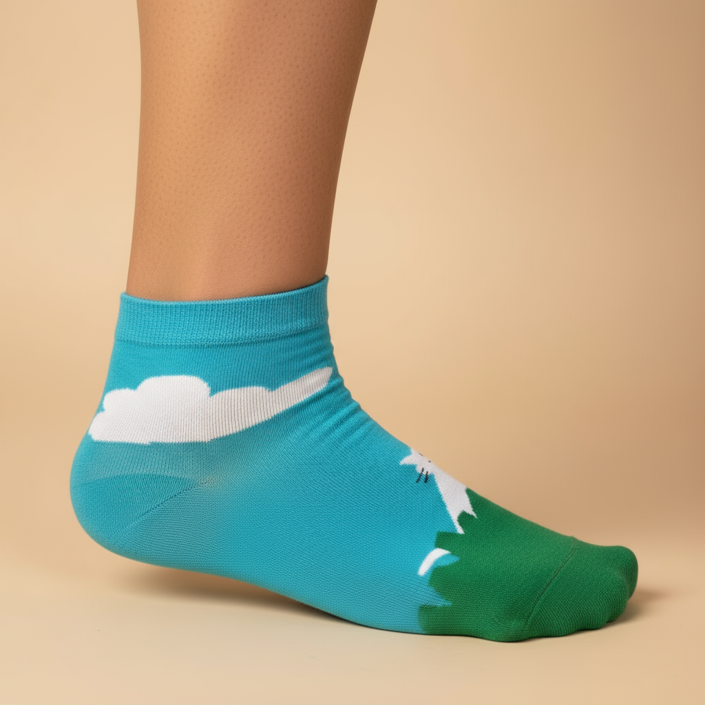 The Lounge Sock Ankle Sock. Teal sock with cloud design worn by a person on a beige background. Feetishh. 100% cotton socks india