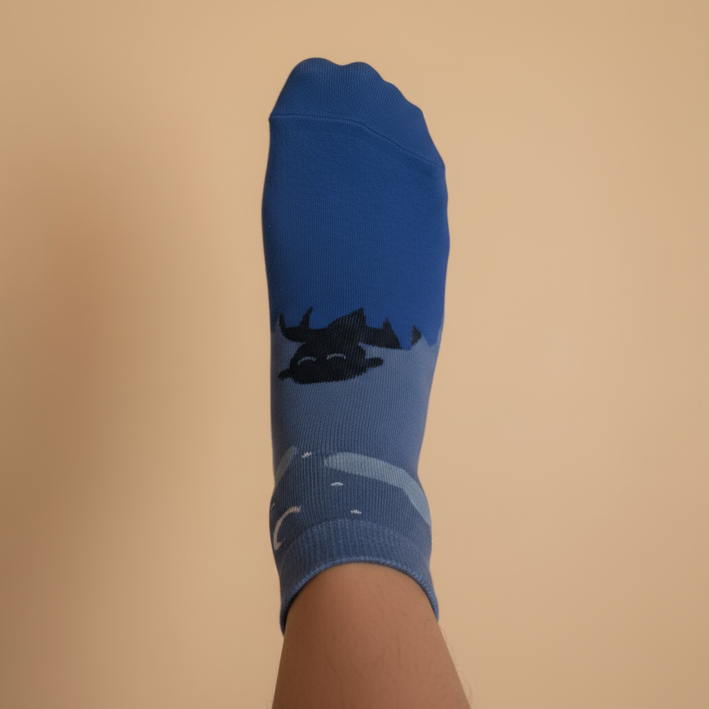 The Dream Sock Ankle Sock. Blue sock with a black cat design on a beige background. Feetishh Socks. Socks for genz gen-z india