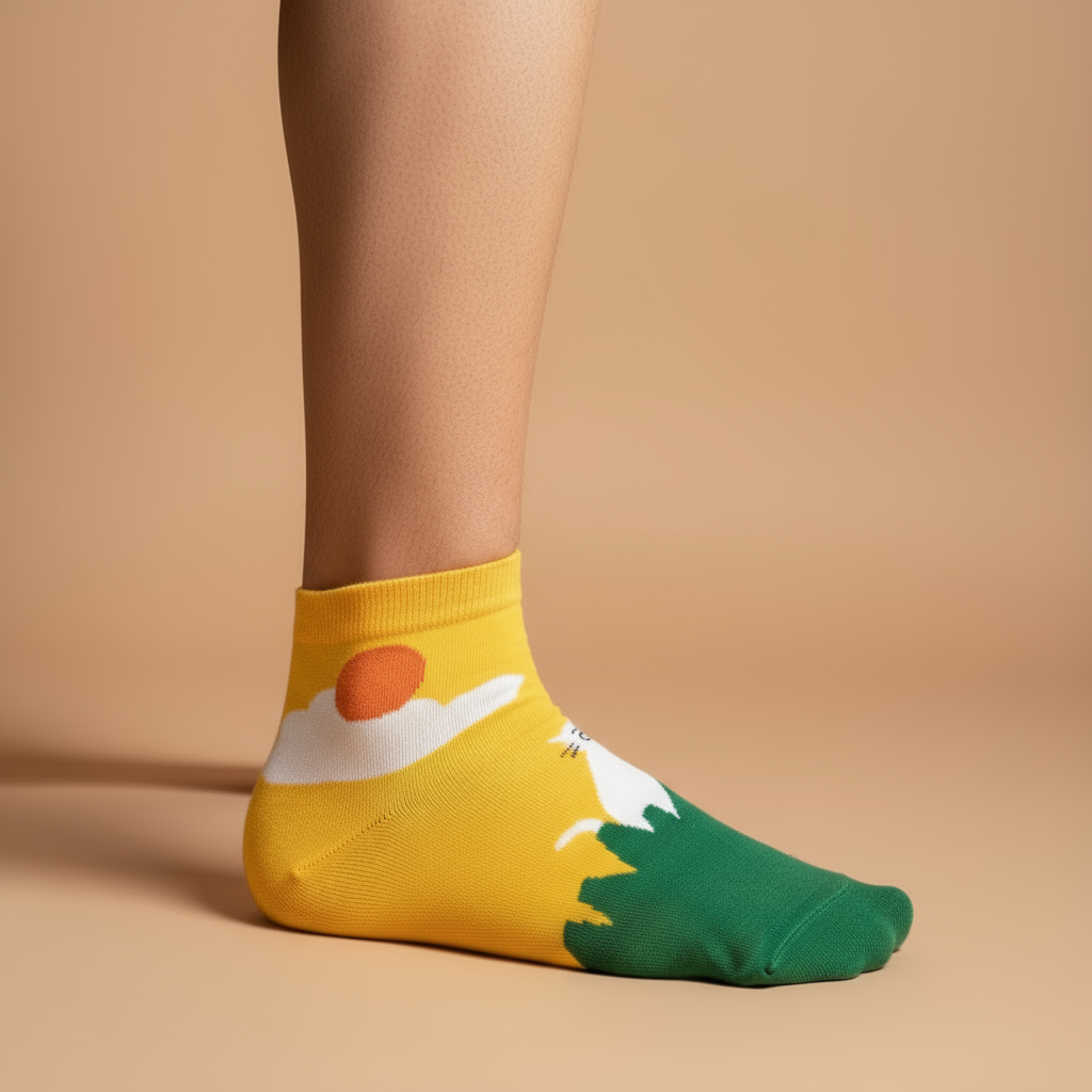 The Wake Sock Ankle Sock. Colorful sock with a design on a beige background. Feetishh Socks. genz socks gift india