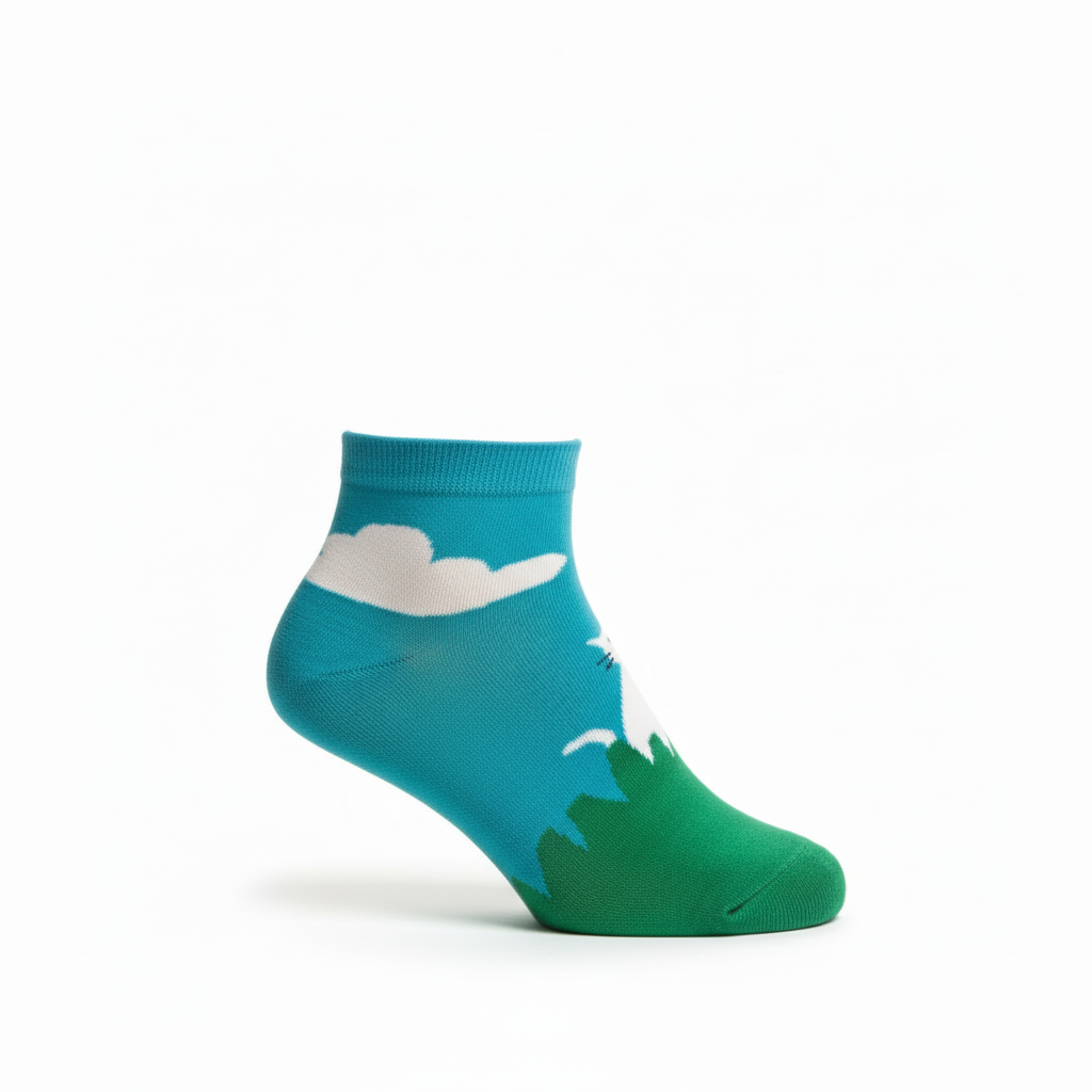 The Lounge Sock Ankle Sock. Teal sock with white cloud design on a white background. Feetishh Socks. quirky socks india