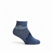 The Dream Sock Ankle Sock. Blue ankle sock with cloud design on a white background. breathable cotton socks