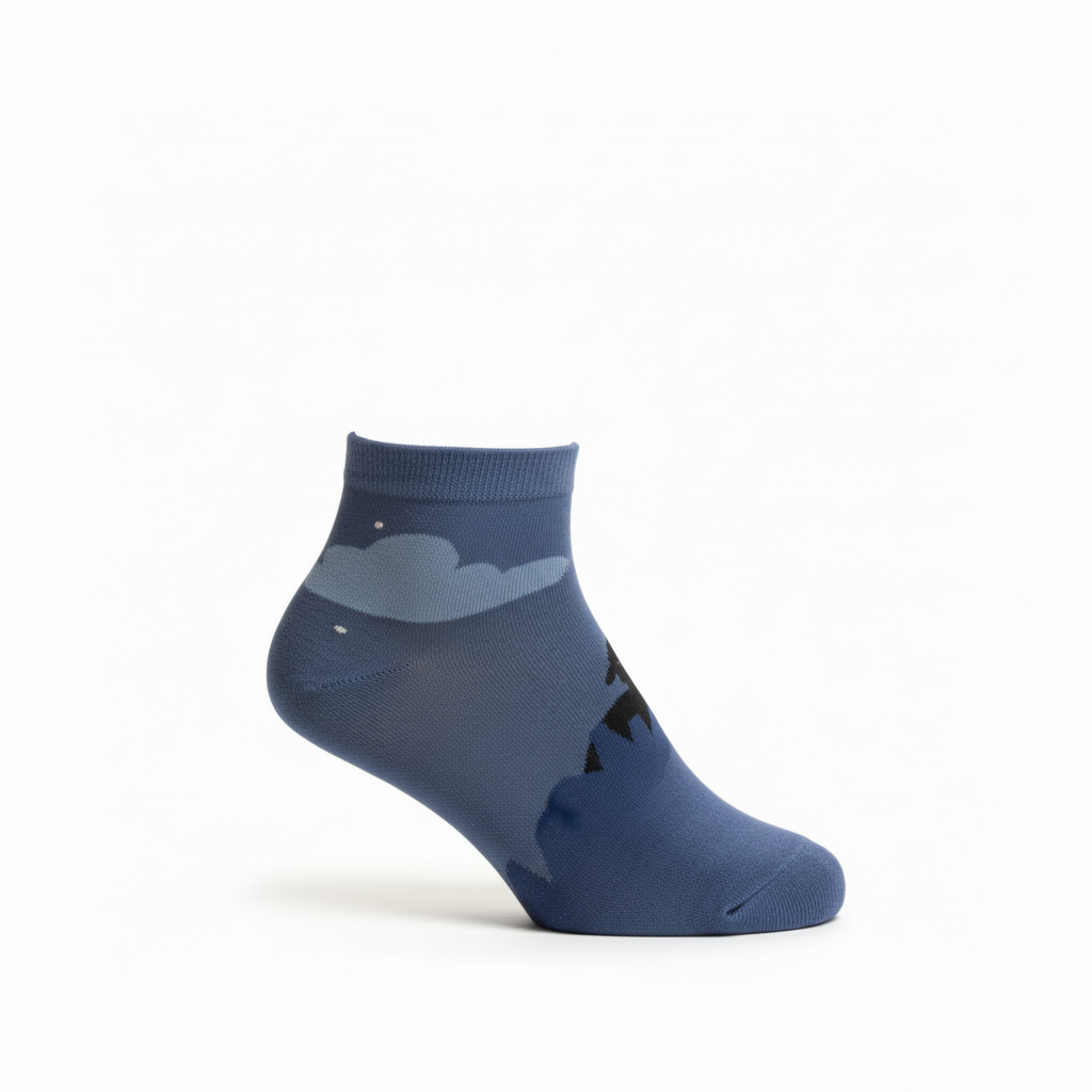The Dream Sock Ankle Sock. Blue ankle sock with cloud design on a white background. breathable cotton socks