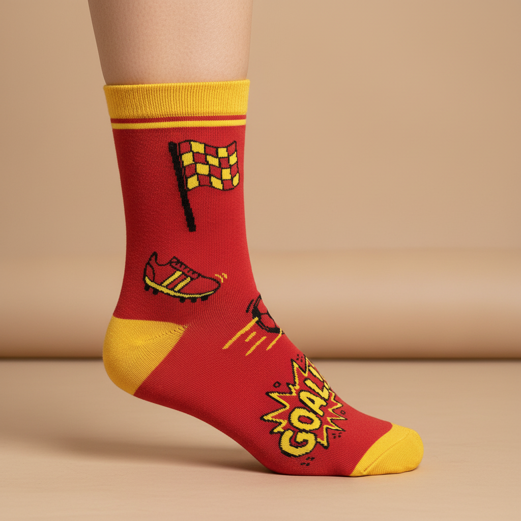 Game Set Match Sports Crew Socks (Pack of 3). Red sock with yellow accents featuring football-themed designs on a beige background. Feetishh. funky socks India