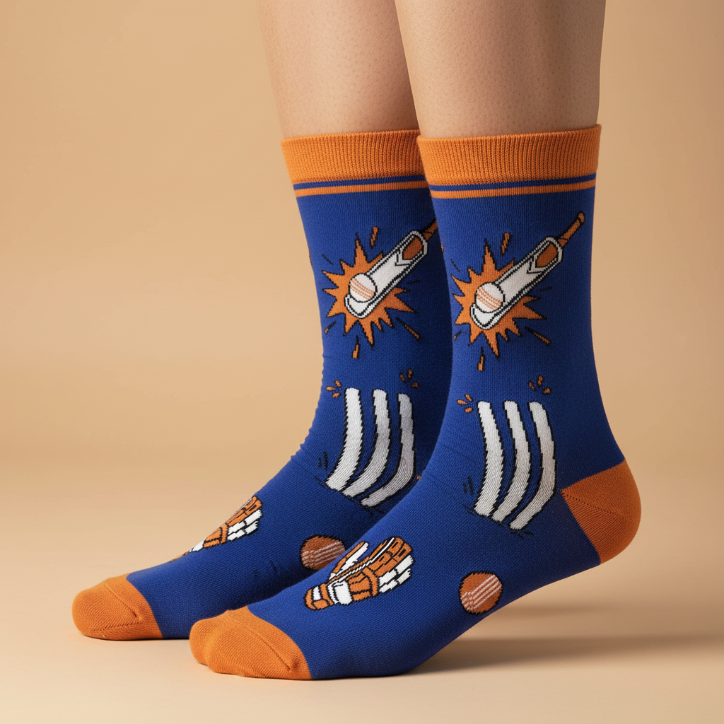 Game Set Match Sports Crew Socks (Pack of 3). Blue socks with orange accents and cricket design on a beige background. Feetishh Socks. cotton socks India